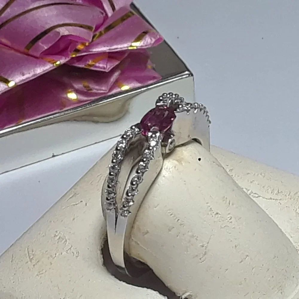Estate .75ctw Natural Pink Tourmaline & Dia Sideways Modern 14Kt WG S9 Ring18018 - Picture 3 of 6